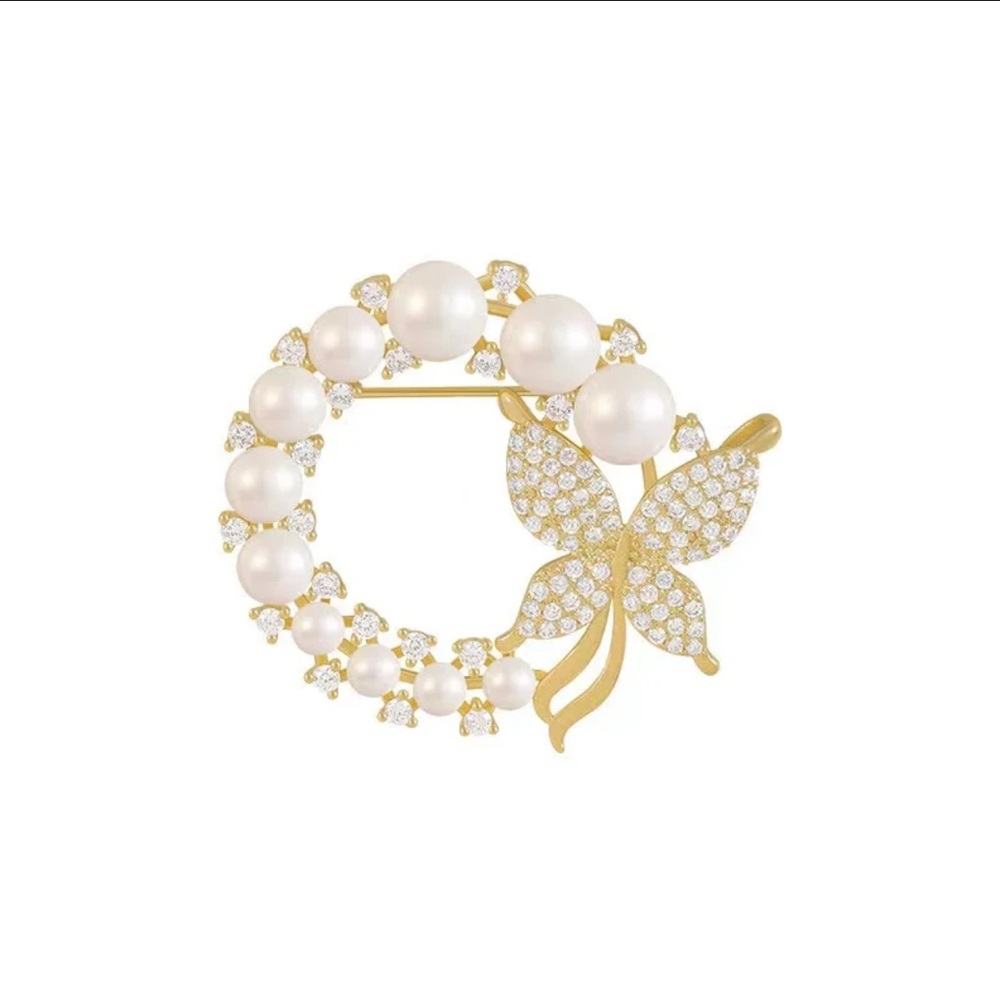 Elegant Gold Butterfly Pearl Brooch